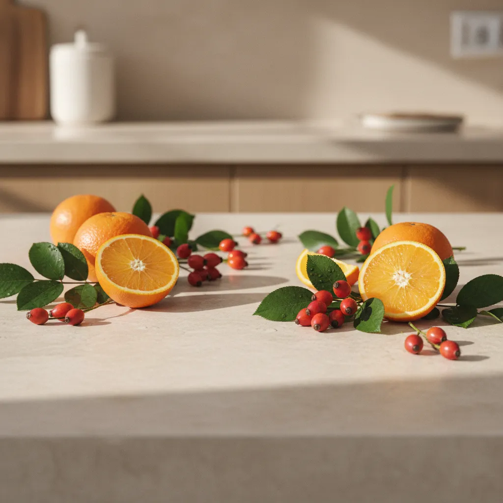 Fresh oranges and rosehip berries arranged on a pale stone kitchen counter