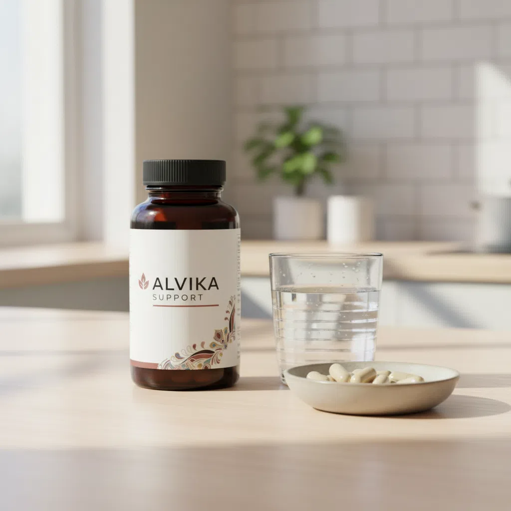 Alvika Support supplement bottle on a kitchen table alongside a glass of water and almonds