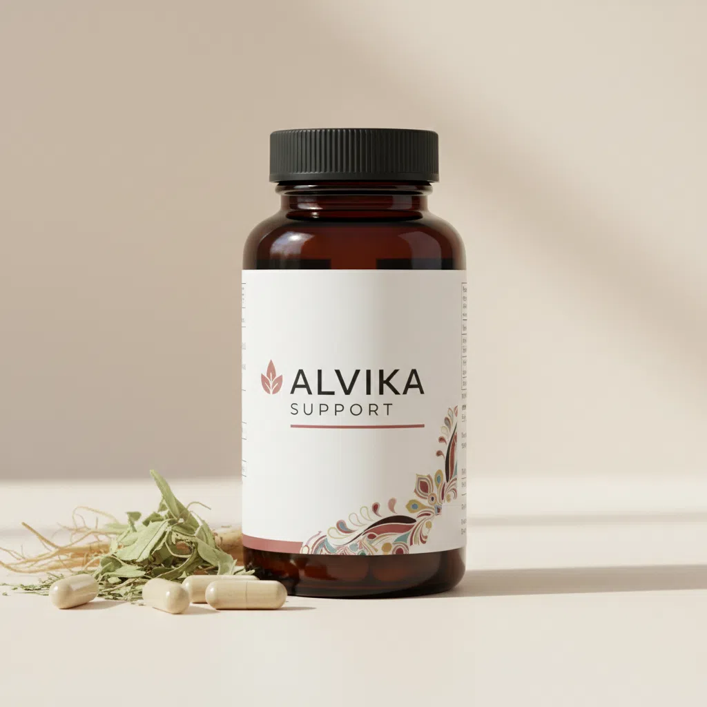 Alvika Support white supplement bottle with label on a clean surface